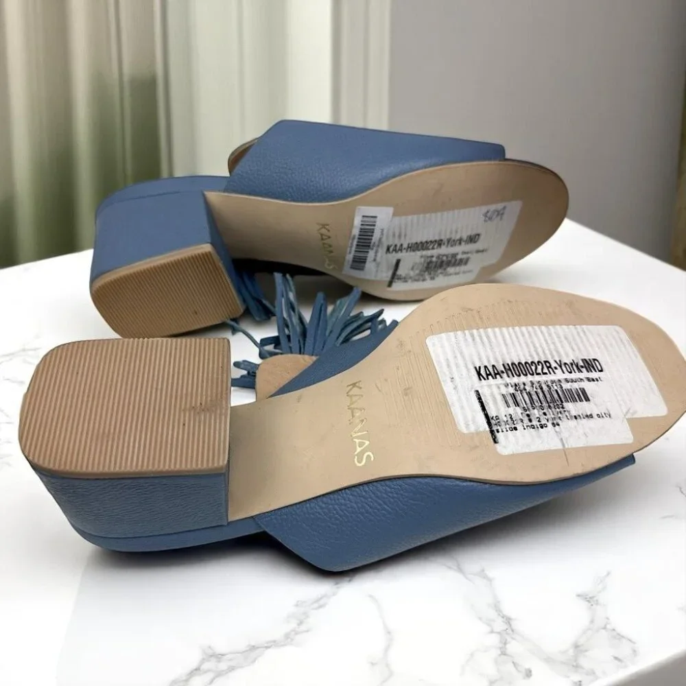 Kaanas Blue Pompom Leather Loafer Mule Sandal